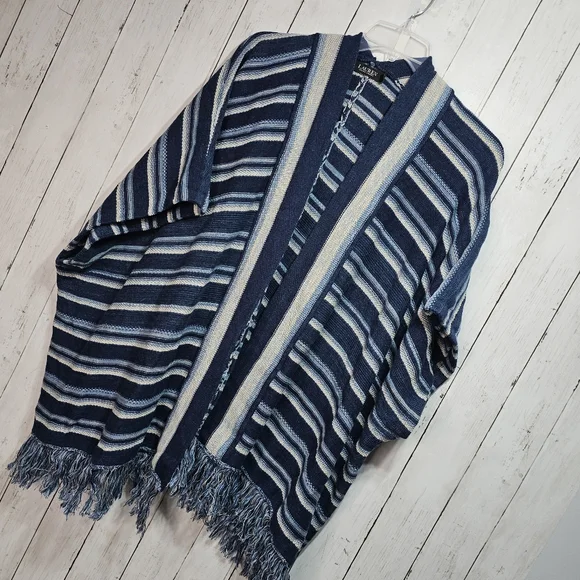 Ralph Lauren LRL Black Label Blue Striped Cotton Fringed Cardigan Size S/M. - Picture 8 of 15